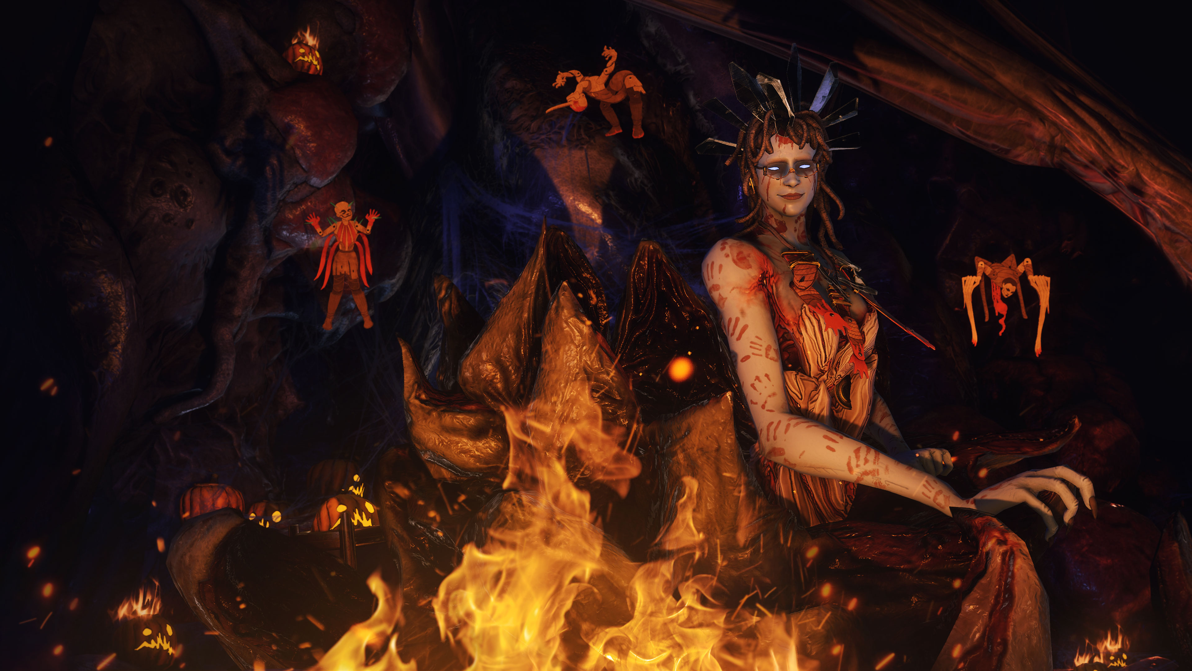 Daughter stands among Halloween decorations in official Warframe Nights of Naberus artwork