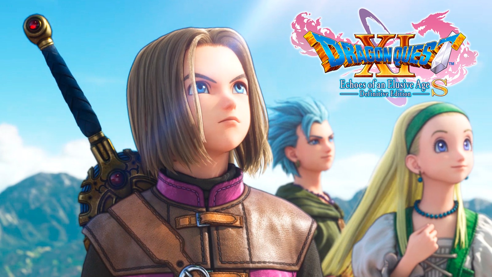DRAGON QUEST XI S hero and companions beneath the official Definitive Edition logo in bright Nintendo Switch 2 artwork