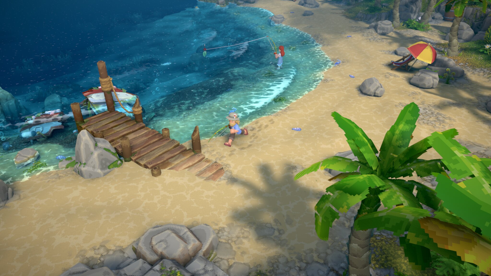 Two Luma Island players fish together on a bright tropical beach in official gameplay footage
