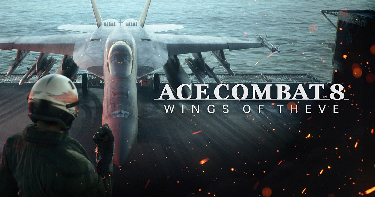ACE COMBAT 8 pilot facing a fighter jet in an official Bandai Namco hangar image